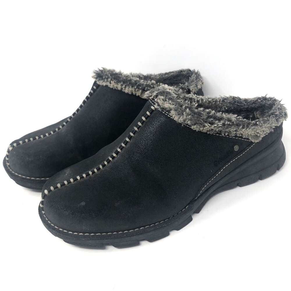 Columbia Cortina Suede Clogs Womens Size 9 Black Mules Soft Cozy Faux Fur Lined